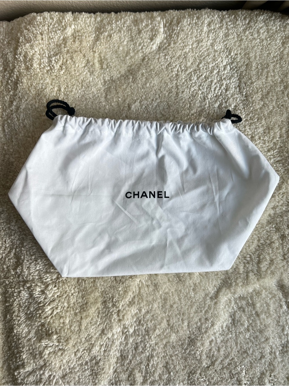 CHANEL White Drawstring Dust Pouch with Black Cord